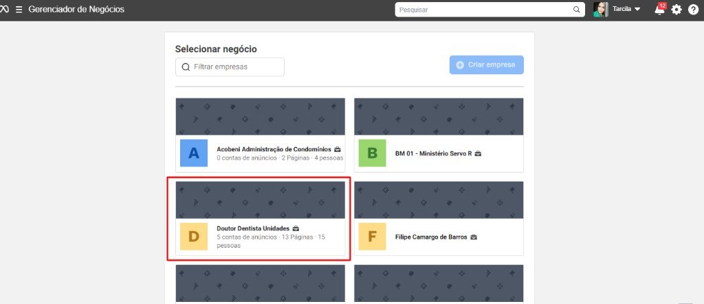 Tela Selecionar negócio do Gerenciador de Negócios, com os cards das empresas