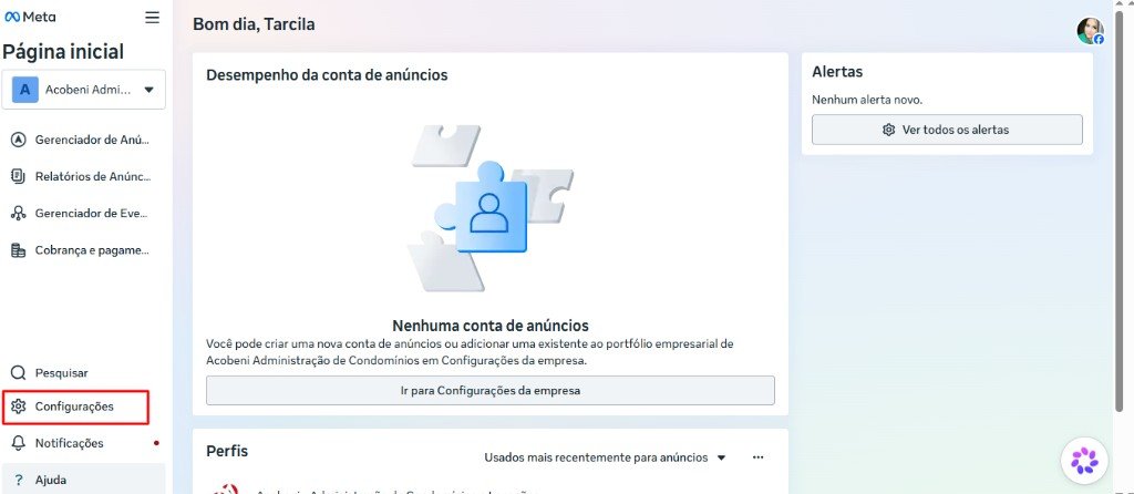 Página inicial da Meta com Configurações marcado no menu lateral