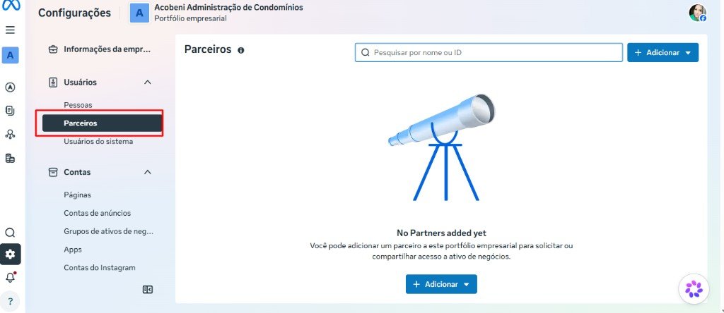 Configurações da empresa com o item Parceiros selecionado