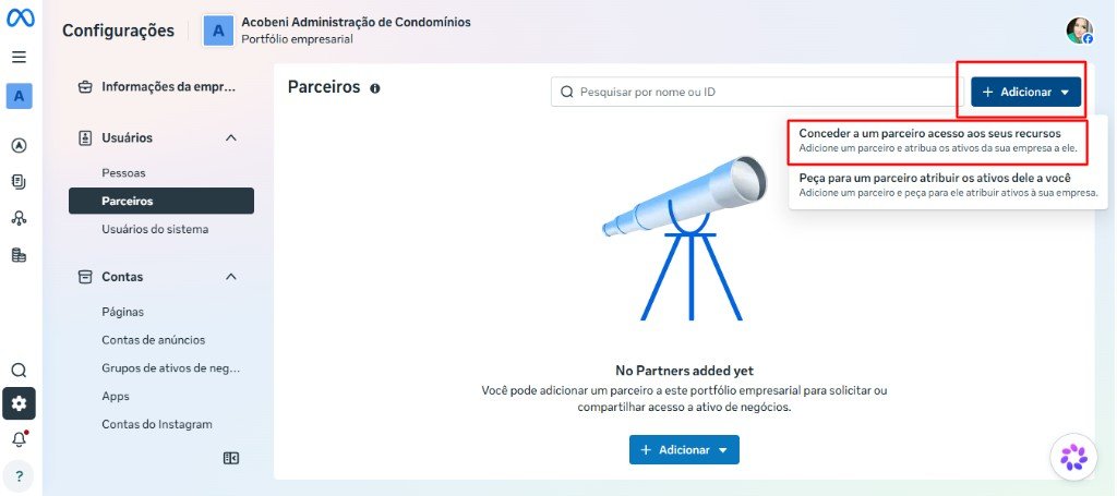 Menu Adicionar aberto na opção Conceder a um parceiro acesso aos seus recursos