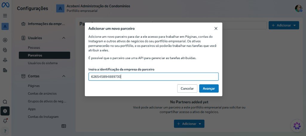 Modal Adicionar um novo parceiro com o ID preenchido e o botão Avançar