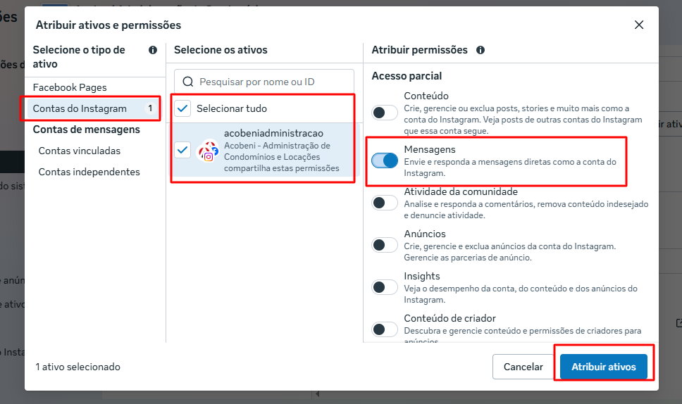Modal Atribuir ativos com a conta do Instagram marcada e a permissão Mensagens ligada