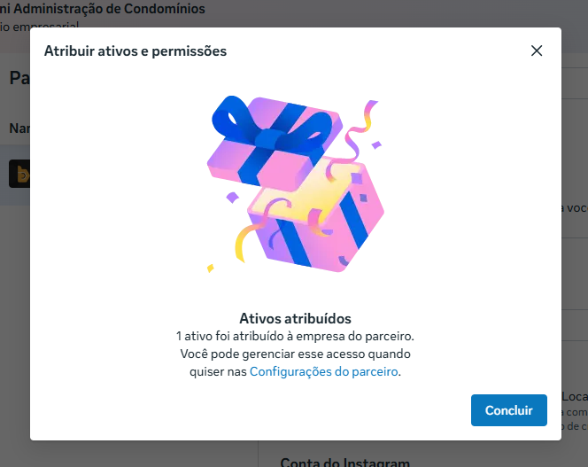 Confirmação Ativos atribuídos, com 1 ativo atribuído ao parceiro e o botão Concluir